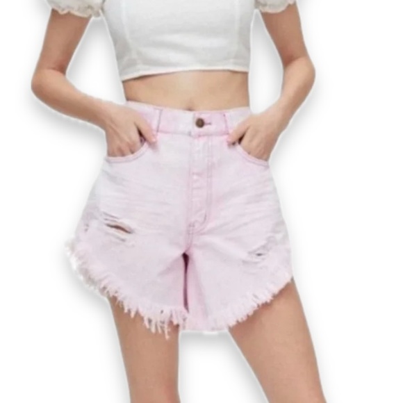BDG Pink High Rise Distressed Raw Hem Shorts - Picture 1 of 10